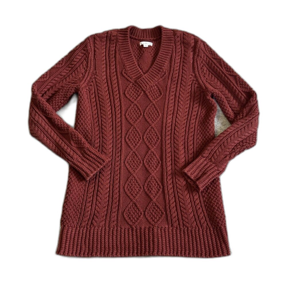 LL Bean Signature Sweater Womens Small Rust Red Cable Fisherman Knit Cotton